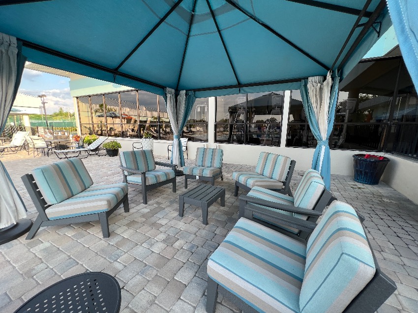 manufactured home community patio by the pool