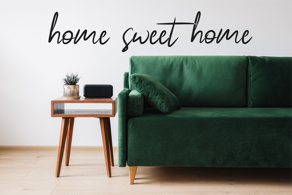 Mobile home living room with green couch