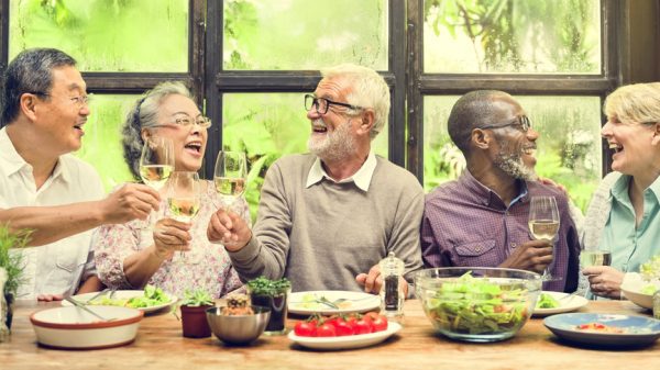 Friends at table in a mobile home community