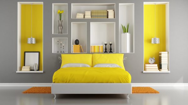 Yellow modern bedroom in a mobile home