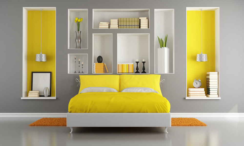 Yellow modern bedroom in a mobile home