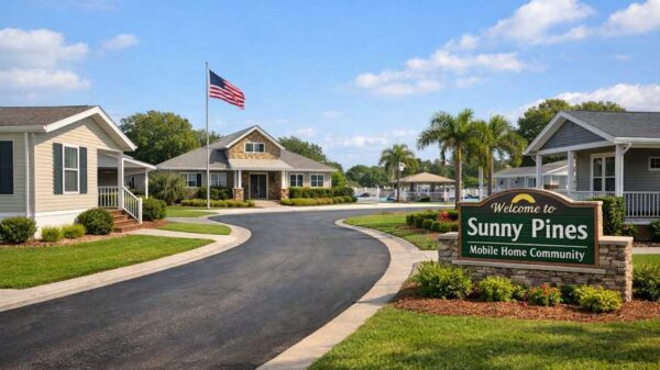 Manufactured home community showing individual home lots, shared amenities, and landscaped common areas related to mobile home lot rent.