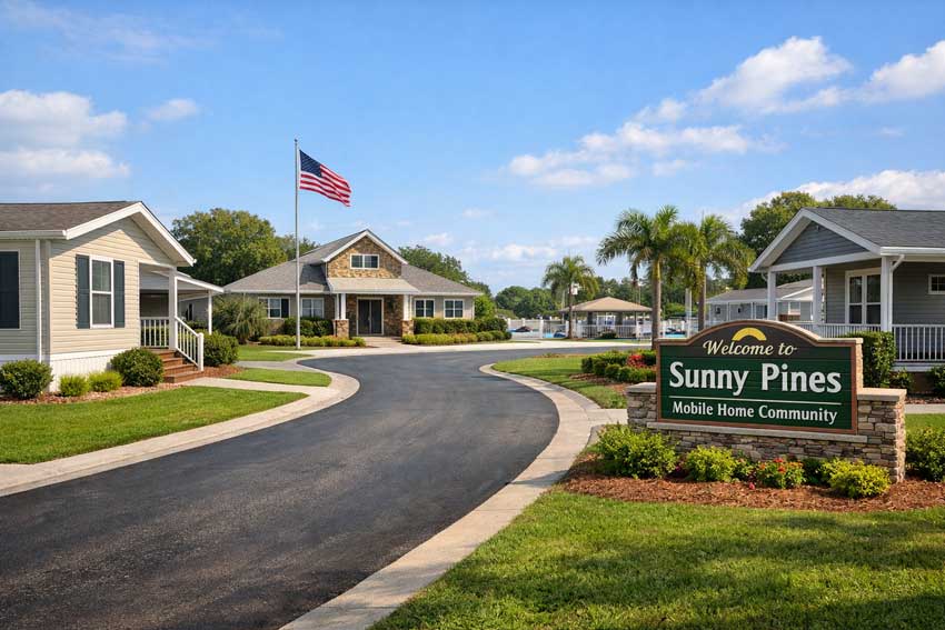 Manufactured home community showing individual home lots, shared amenities, and landscaped common areas related to mobile home lot rent.