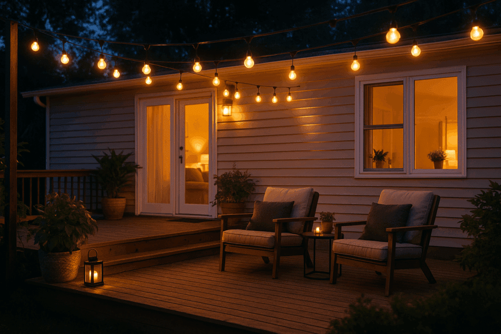 String lights across the porch railing or overhead