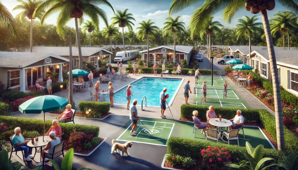 Residents enjoying the pool and clubhouse amenities at a Florida manufactured home park.