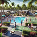 Residents enjoying the pool and clubhouse amenities at a Florida manufactured home park.