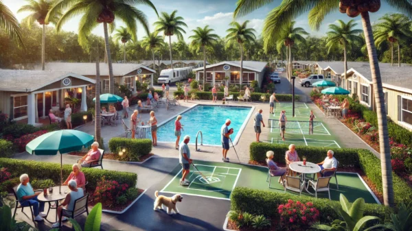 Residents enjoying the pool and clubhouse amenities at a Florida manufactured home park.