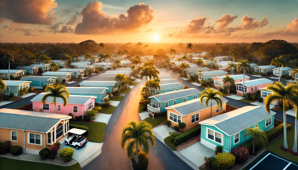 banner-style aerial sunrise image of the Florida manufactured home community