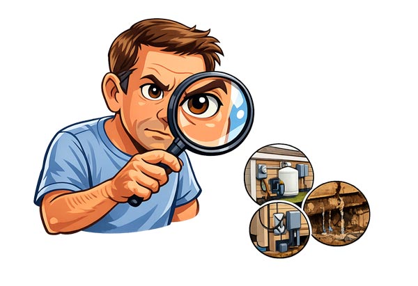 Animated character inspecting a mobile home with a magnifying glass, representing hidden costs buyers should look for before purchasing