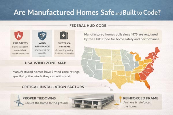 Graphic explaining HUD building codes, wind zones, and installation safety standards for manufactured homes