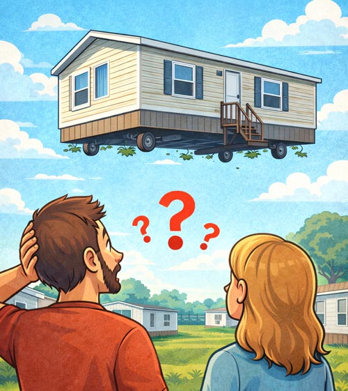 A couple looking at their mobile home floating without land under it