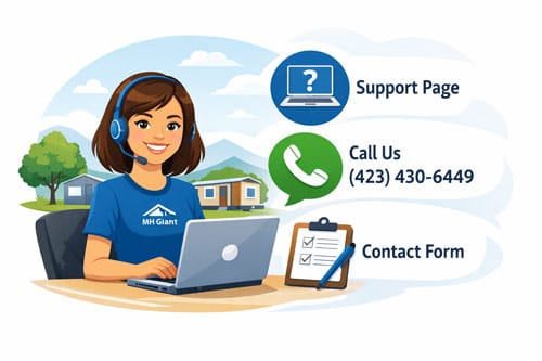 MH Giant customer support illustration showing a friendly support representative and contact options