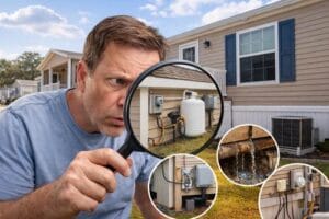 Person using a magnifying glass to inspect a mobile home for hidden costs and maintenance issues.