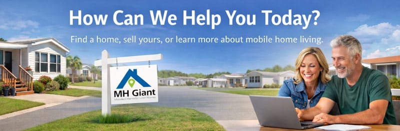 MH Giant banner showing a mobile home community with an MH Giant for sale sign and homeowners browsing listings online.