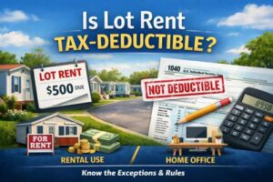 Illustration explaining whether mobile home lot rent is tax-deductible, showing a manufactured home community, tax forms, and common exceptions like rental use and home office deductions.