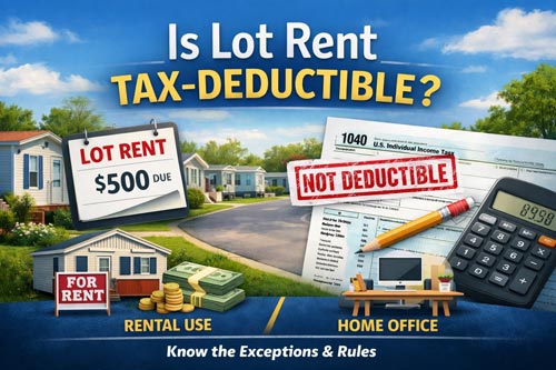 Illustration explaining whether mobile home lot rent is tax-deductible, showing a manufactured home community, tax forms, and common exceptions like rental use and home office deductions.