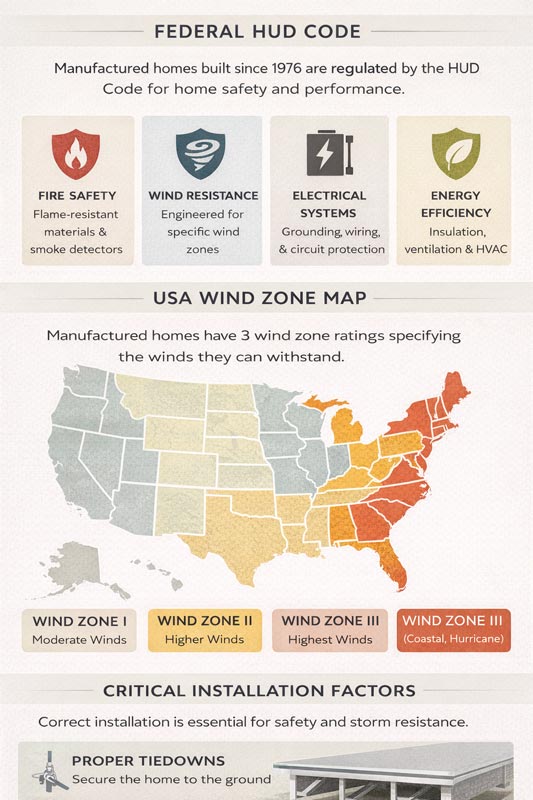 Infographic explaining manufactured home safety standards and HUD wind zone ratings in the United States