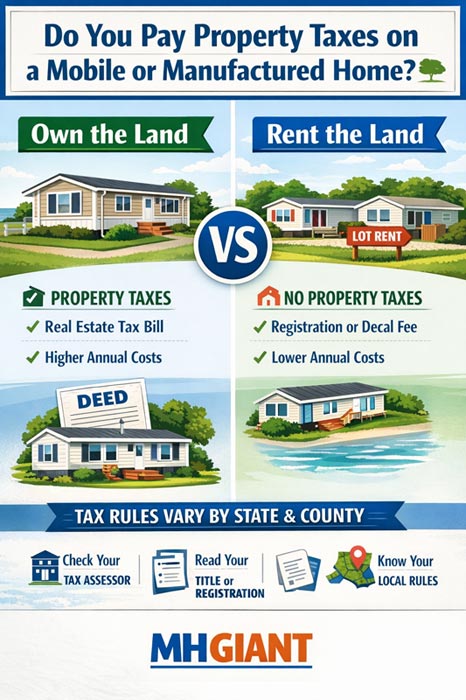 Infographic showing when mobile and manufactured homeowners pay property taxes based on owning land versus renting land