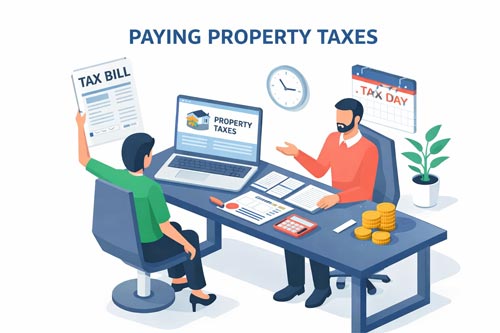 Illustration of homeowners reviewing documents and paying property taxes on a mobile or manufactured home