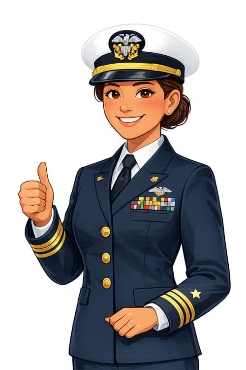 Animated female in Navy military uniform on white background representing VA loan eligibility for manufactured homes