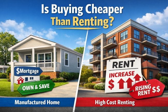 Comparison graphic showing a manufactured home versus an apartment building highlighting cost savings and affordability when buying instead of renting