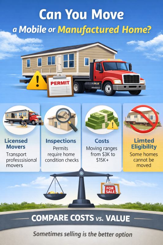 Infographic explaining whether you can move a mobile or manufactured home including permits, inspections, movers, and costs