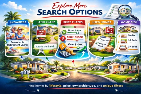 Infographic showing multiple mobile home search filters including price, snowbirds, land lease, and size options.
