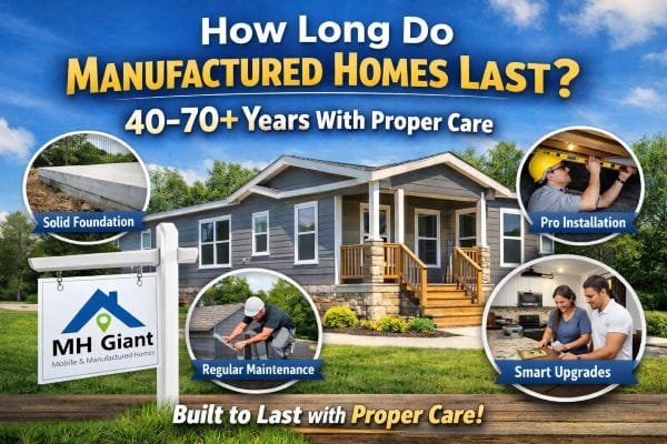 Infographic showing how long manufactured homes last, typically 40 to 70+ years with proper installation, maintenance, and upgrades.
