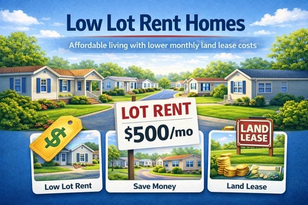 Infographic showing low lot rent mobile homes with price and savings visuals in a community setting.
