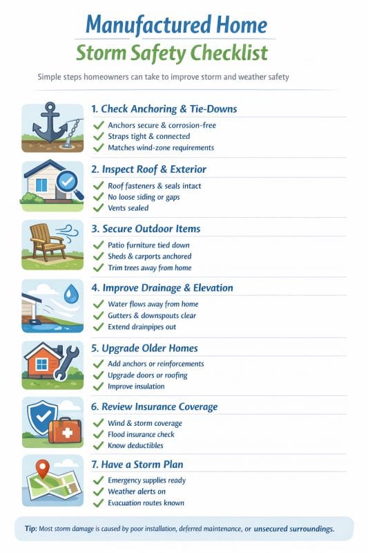 Manufactured home storm safety checklist infographic showing anchoring, roof inspection, drainage, outdoor item security, insurance review, and emergency planning