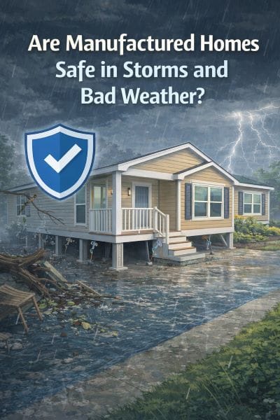 Modern manufactured home elevated and securely anchored during a storm with rain, wind, and lightning, symbolizing storm safety and weather durability.