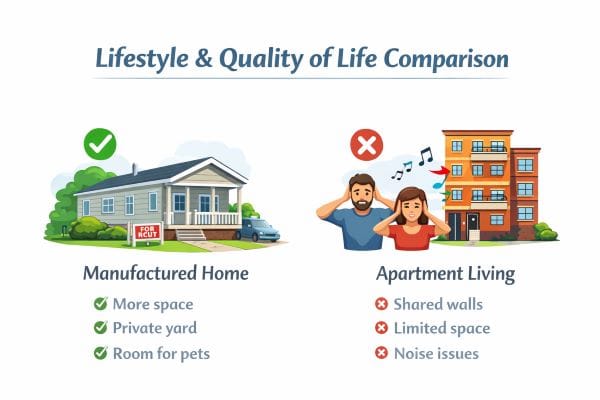 Lifestyle and quality of life comparison showing manufactured home living versus apartment renting