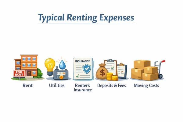 Typical renting expenses including monthly rent, utilities, renter’s insurance, deposits, fees, and moving costs