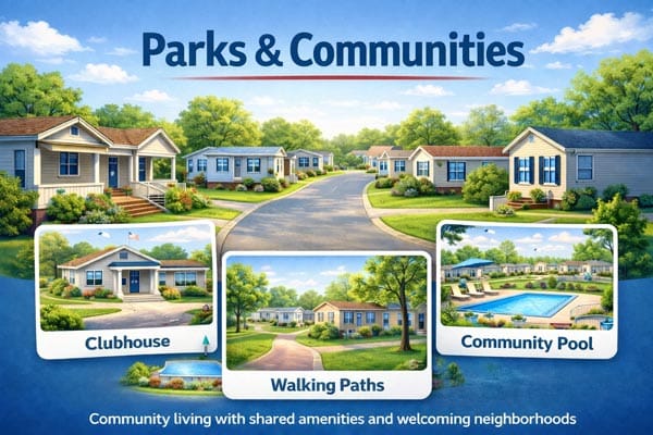 Infographic showing mobile home parks and communities with amenities including clubhouse, pool, and neighborhood streets.