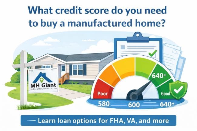 Credit score gauge showing approval range next to a manufactured home with MH Giant for sale sign.
