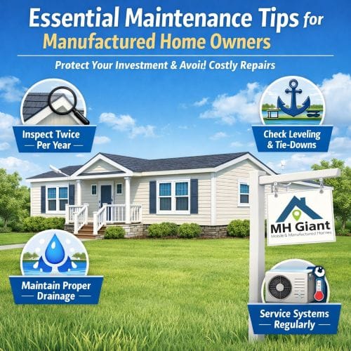 Infographic showing essential maintenance tips for manufactured home owners including roof inspection, drainage control, anchoring checks, HVAC service, and MH Giant yard sign