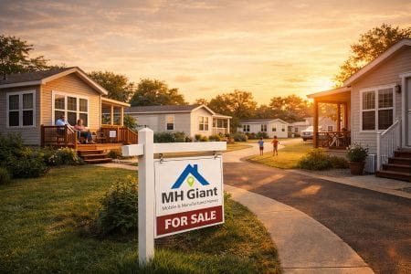 Peaceful mobile home park at sunset with MH Giant for sale sign, families relaxing, and children playing in a well-maintained community