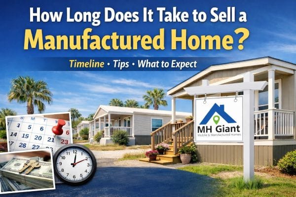 How long it takes to sell a manufactured home illustration with MH Giant yard sign in front of mobile homes