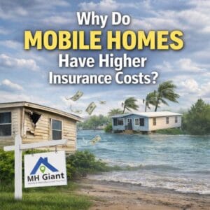 Mobile home park scene showing one older damaged home and another near rising water, with an MH Giant yard sign in the foreground, illustrating factors that can increase mobile home insurance costs